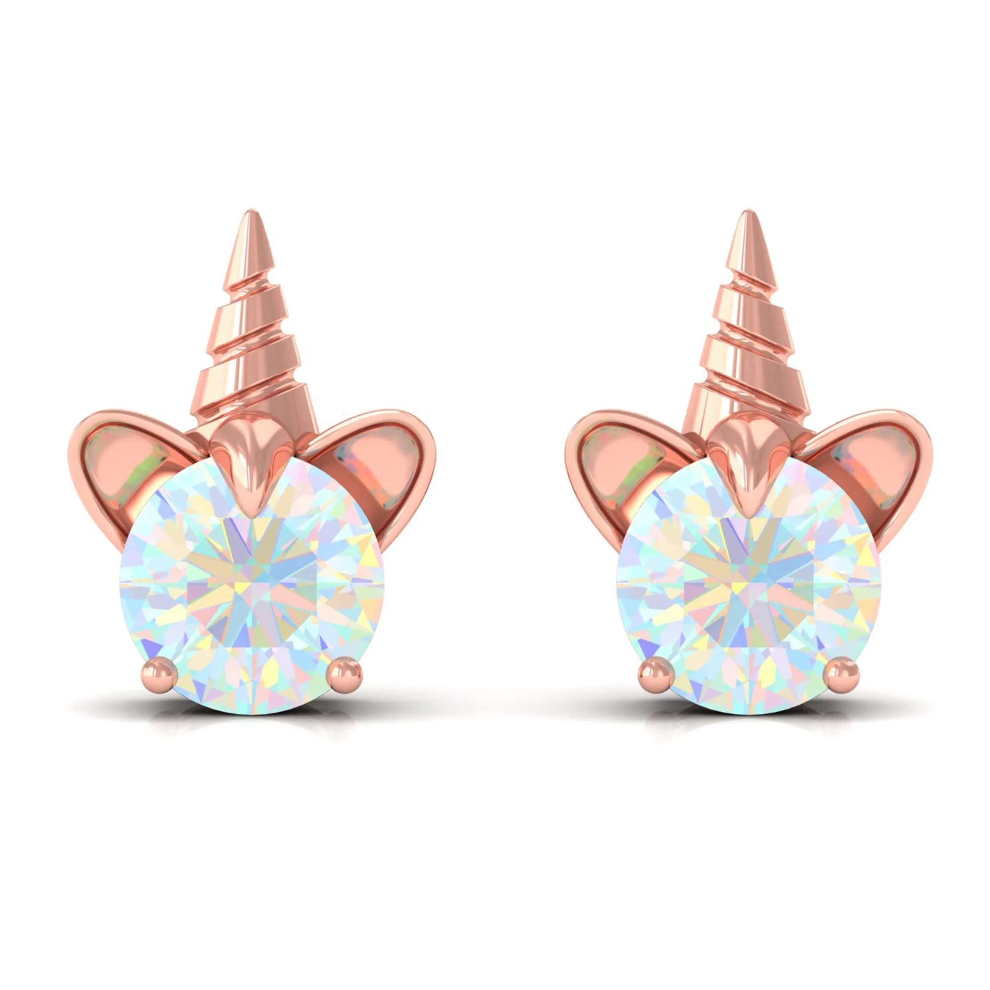 1 CT Ethiopian Opal Unicorn Solitaire Stud Earrings in Gold