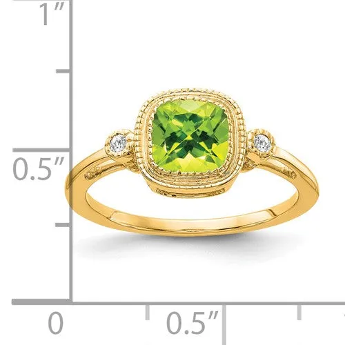 14k Gold Cushion Cut Peridot with Diamond Accent Ring