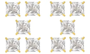 14k Yellow Gold Plated 4mm 2Ct Square Cut White Sapphire Set Of Five Stud Earrings