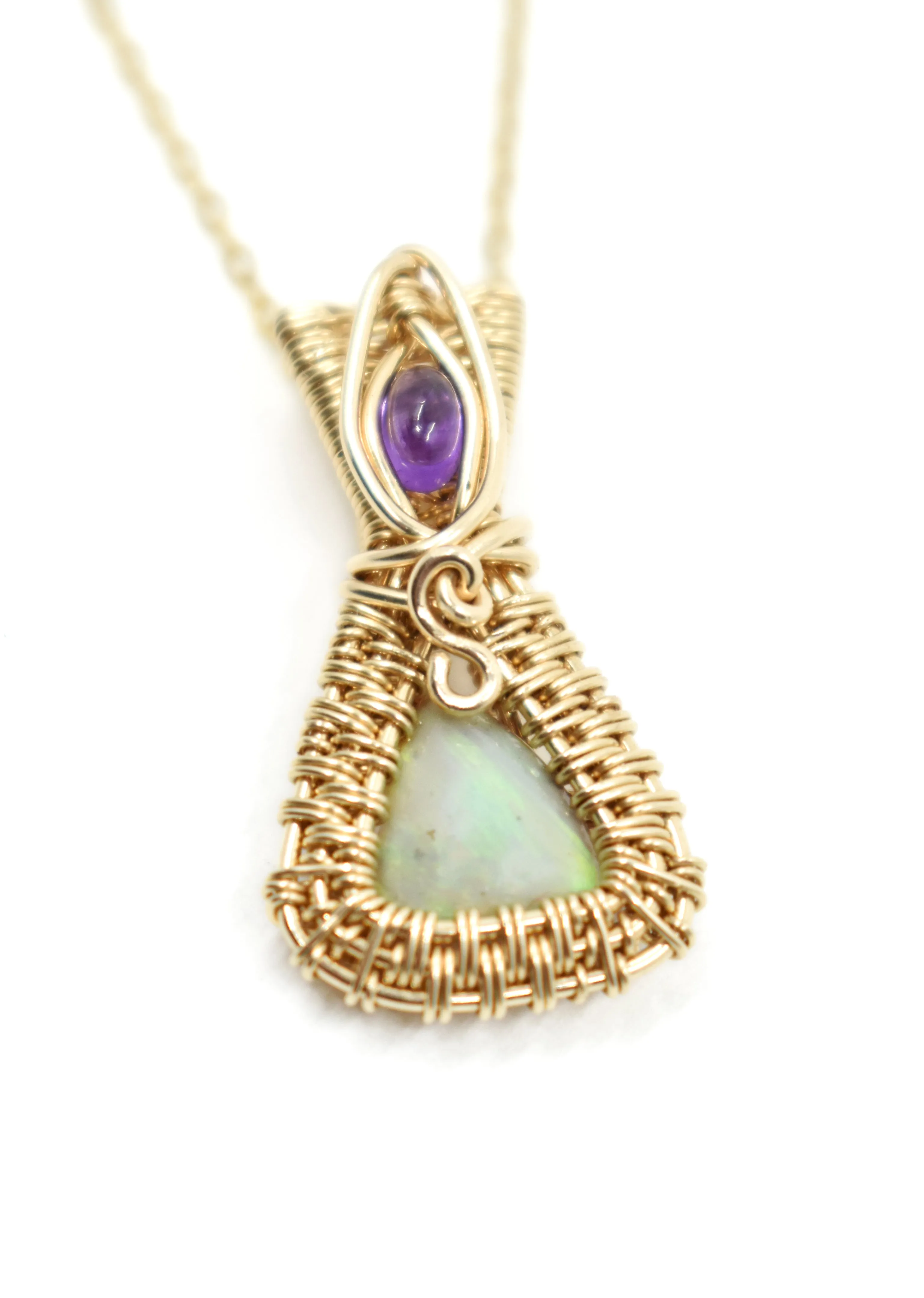 14kt Gold Filled Wire Wrapped Lightning Ridge Opal accented with an Amethyst from Zambia