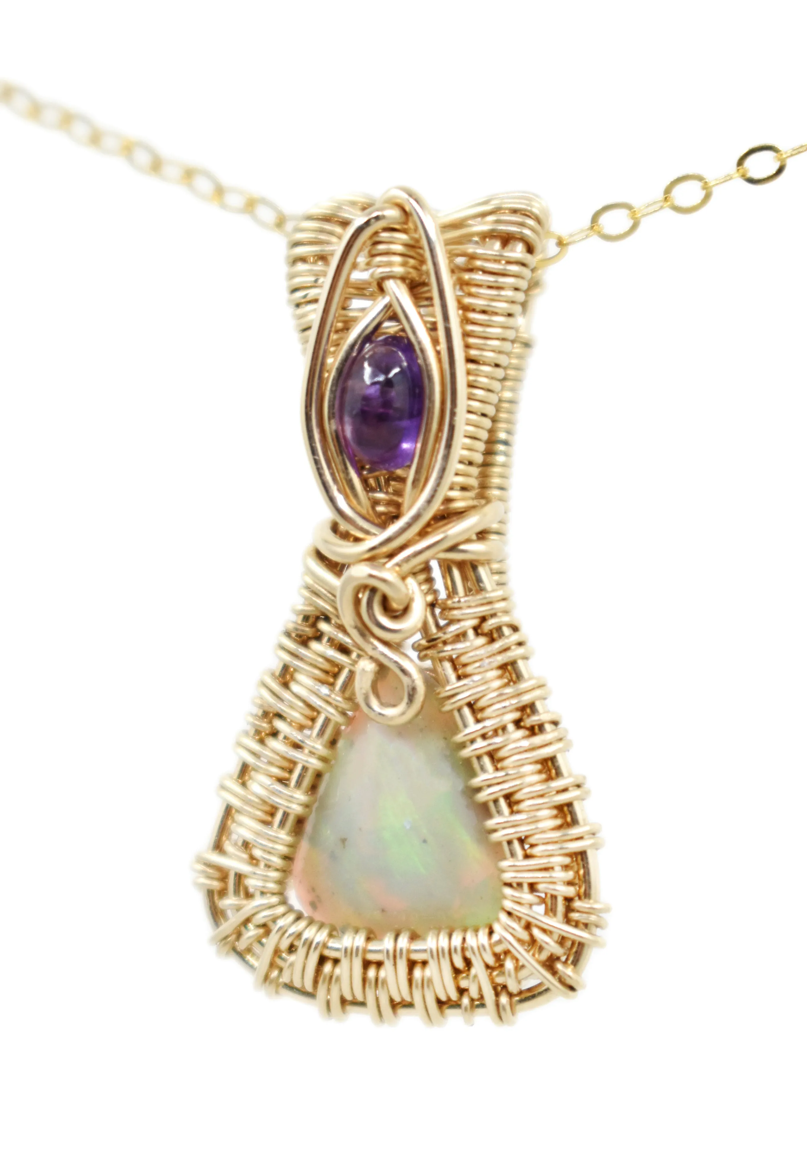 14kt Gold Filled Wire Wrapped Lightning Ridge Opal accented with an Amethyst from Zambia