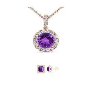 18K Rose Gold 4ct Halo Amethyst Round 18 Inch Necklace and Halo Square Earrings Set Plated