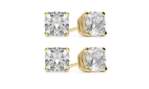 18k Yellow Gold 4mm 1Ct Cushion Cut White Sapphire Set Of Two Stud Earrings Plated