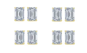 18k Yellow Gold 4mm 4Ct Emerald Cut White Sapphire Set Of Four Stud Earrings Plated