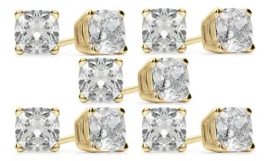 18k Yellow Gold 6mm 3Ct Cushion Cut White Sapphire Set Of Five Stud Earrings Plated