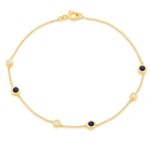 9CT Y/G SAPH/DIA STATION BRACELET  18.5CM