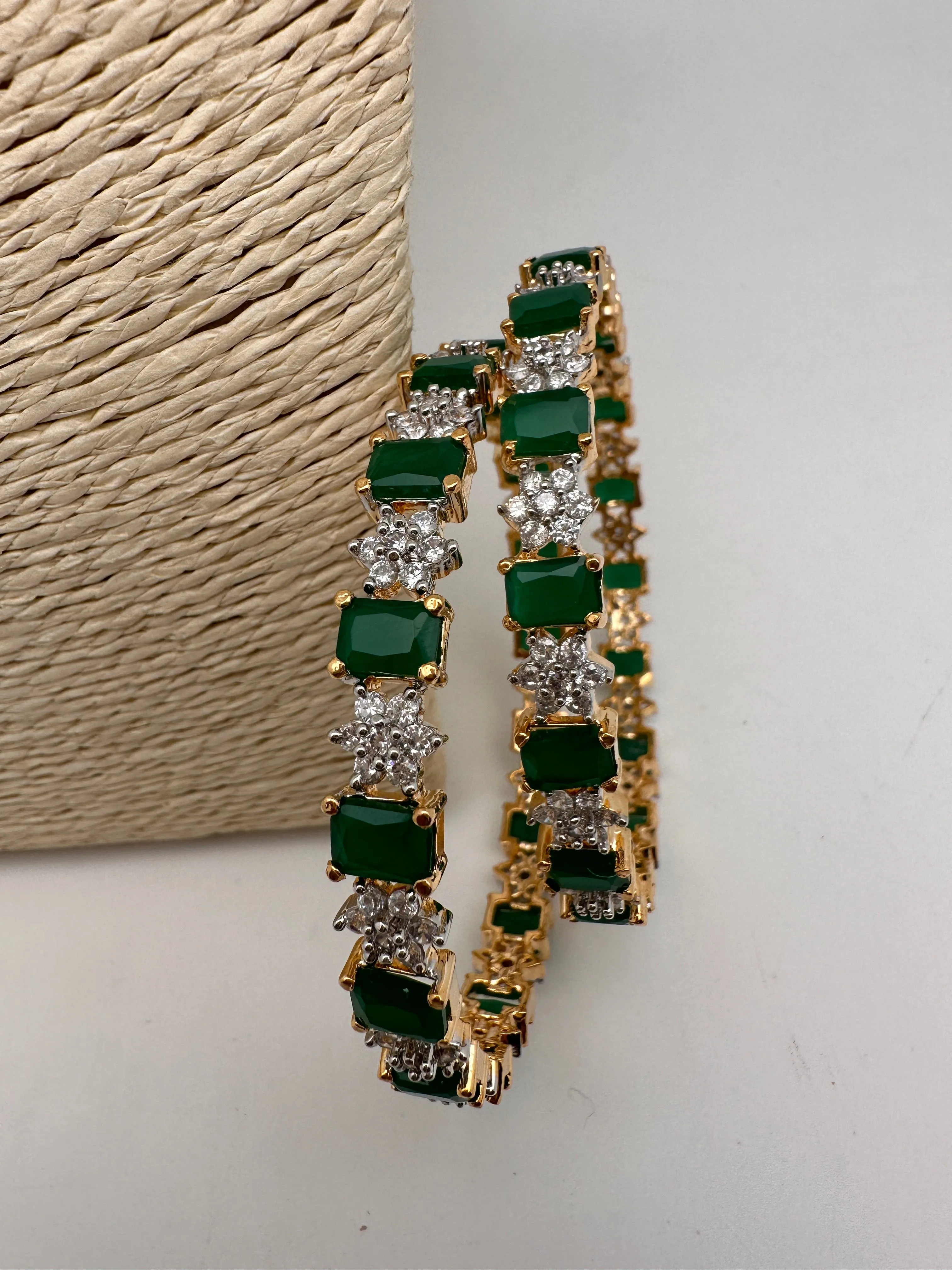 AD Emerald Green Stone Diamond Finish Bangles