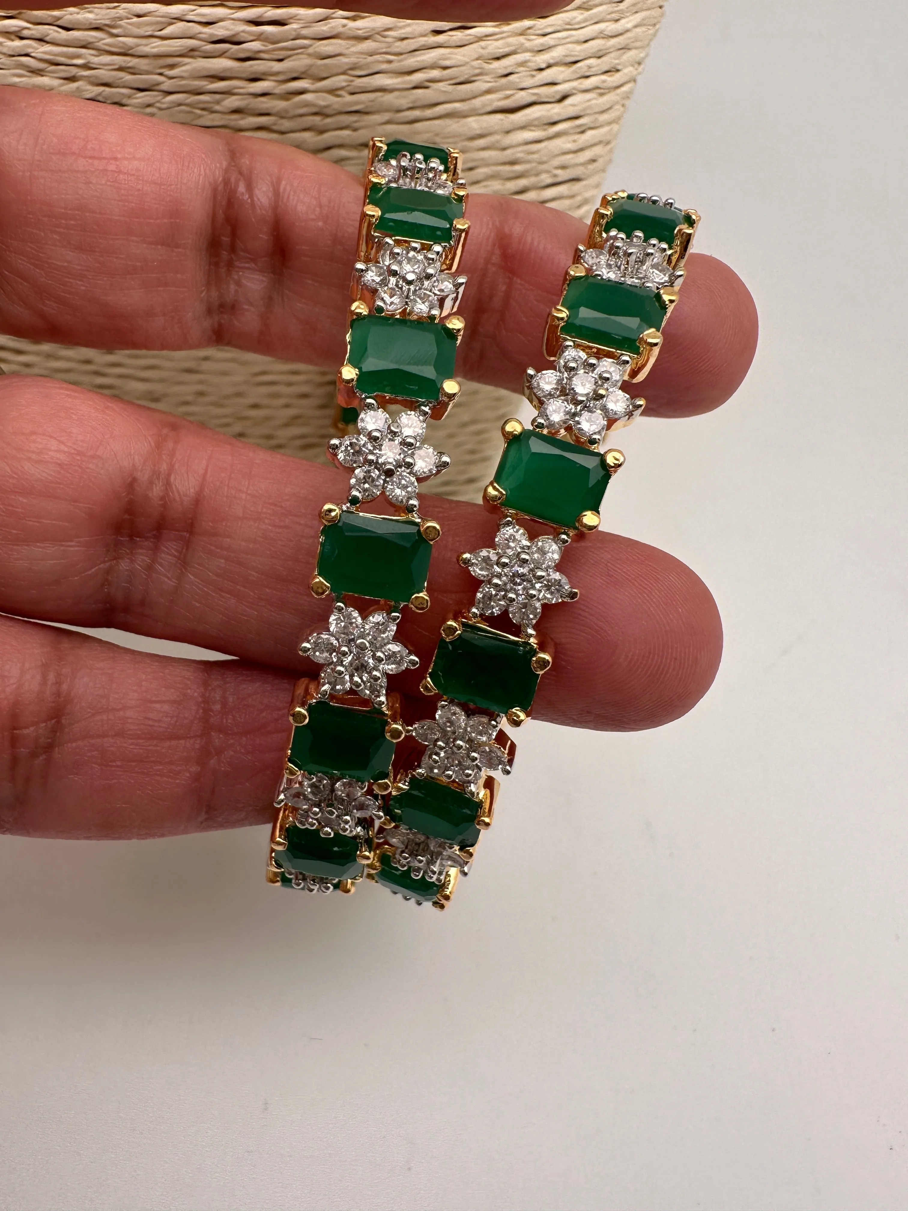 AD Emerald Green Stone Diamond Finish Bangles