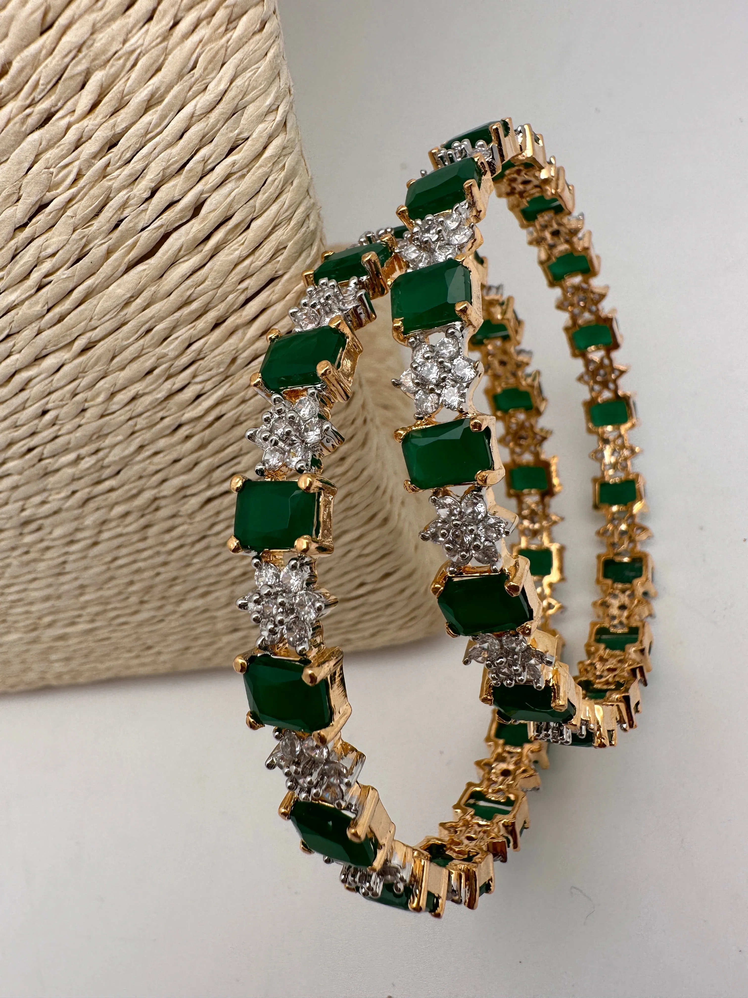 AD Emerald Green Stone Diamond Finish Bangles