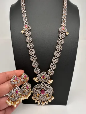 AD Red Stone Peacock Pattern Victorian Dual Tone Polish Long Necklace