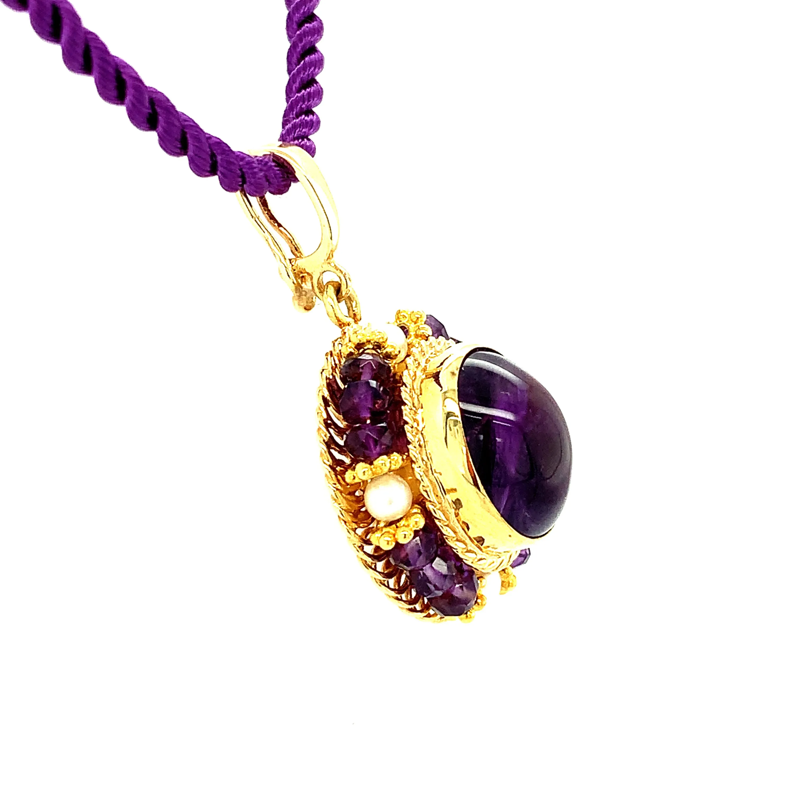 Amethyst Oval Cabochon and Pearl Yellow Gold Handmade Filigree Pendant Necklace