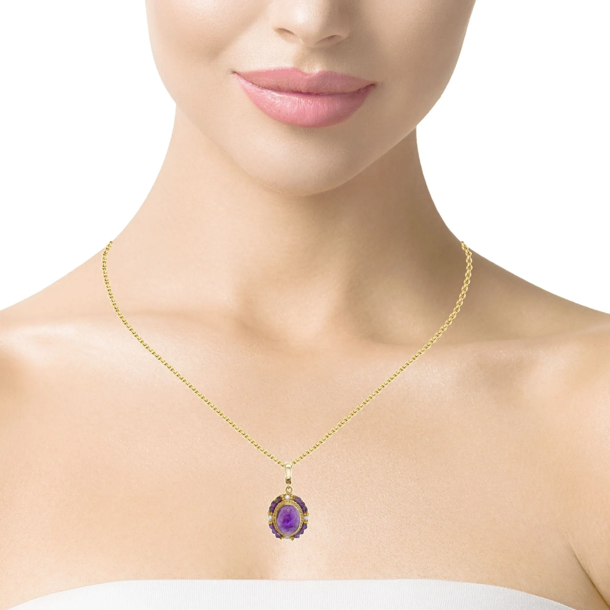 Amethyst Oval Cabochon and Pearl Yellow Gold Handmade Filigree Pendant Necklace
