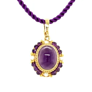 Amethyst Oval Cabochon and Pearl Yellow Gold Handmade Filigree Pendant Necklace