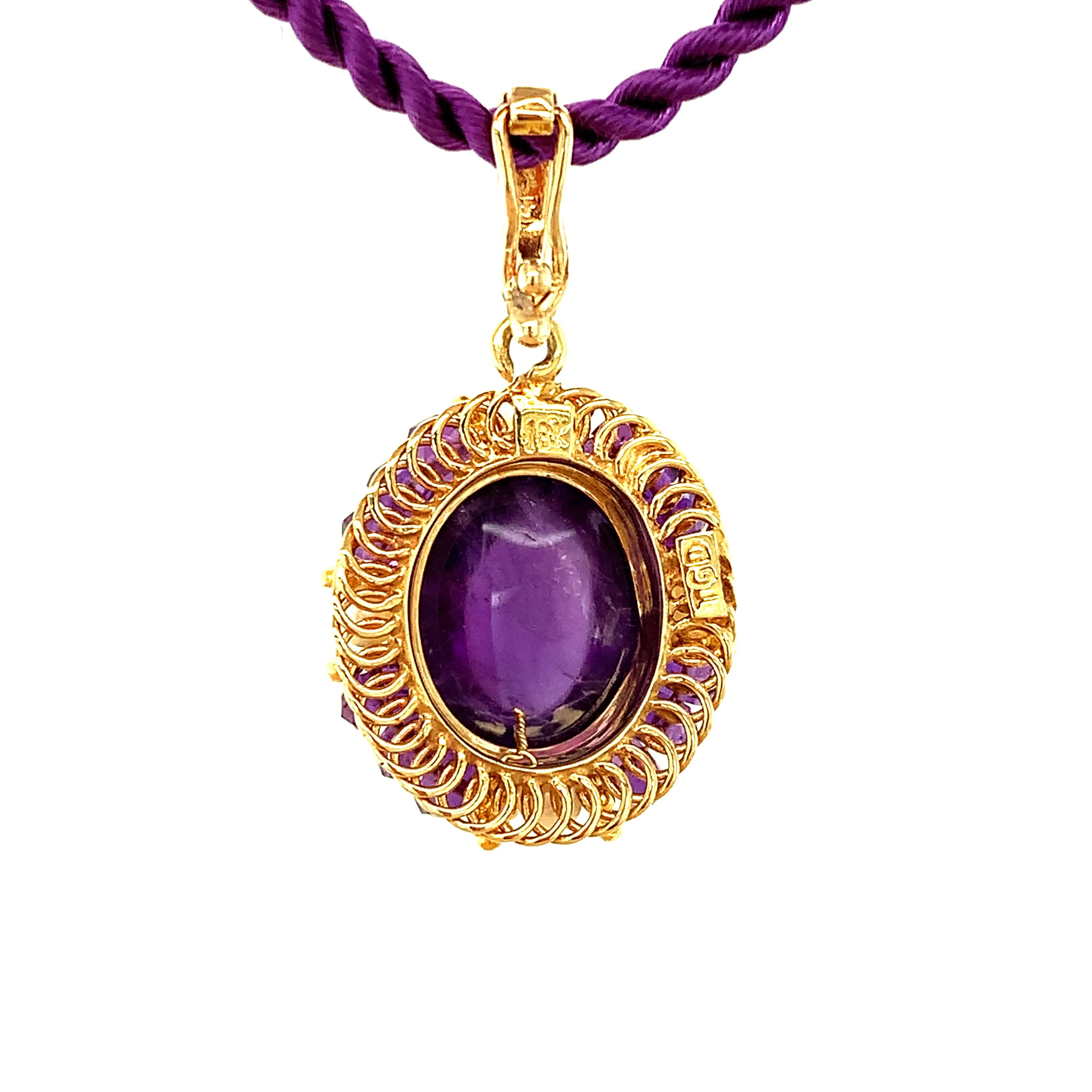Amethyst Oval Cabochon and Pearl Yellow Gold Handmade Filigree Pendant Necklace