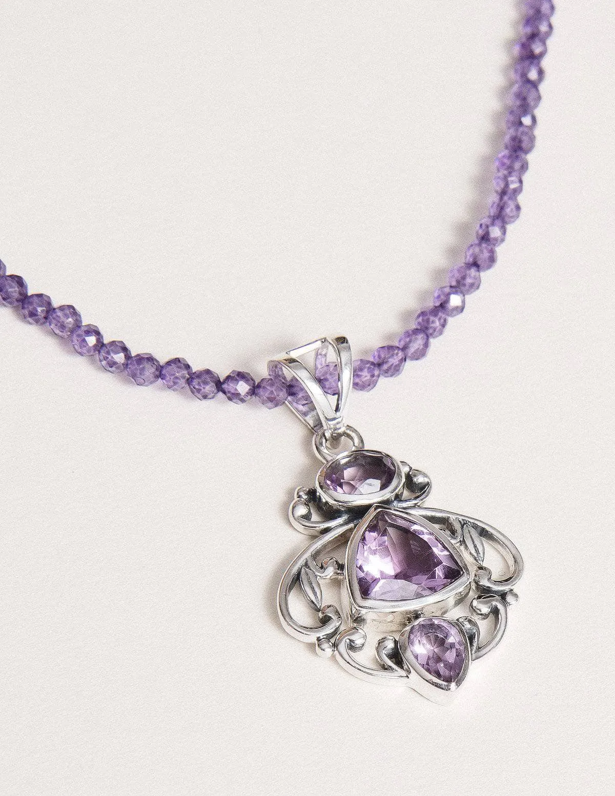 Amethyst Vintage Beaded  Silver Necklace - One of a Kind