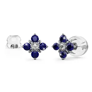 Blue Sapphire Cosmos Diamond Stud Earrings Encased in 18k White Gold