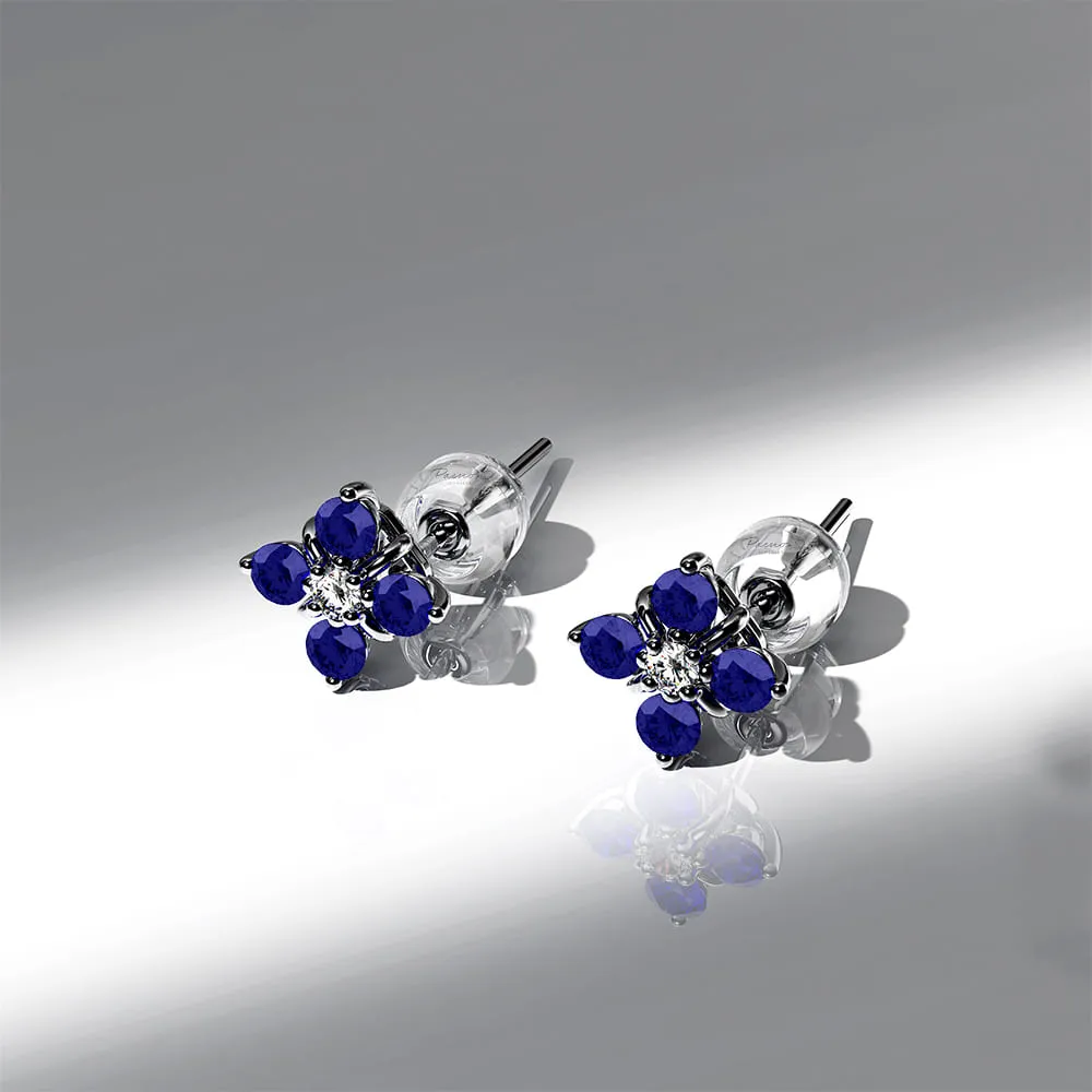 Blue Sapphire Cosmos Diamond Stud Earrings Encased in 18k White Gold