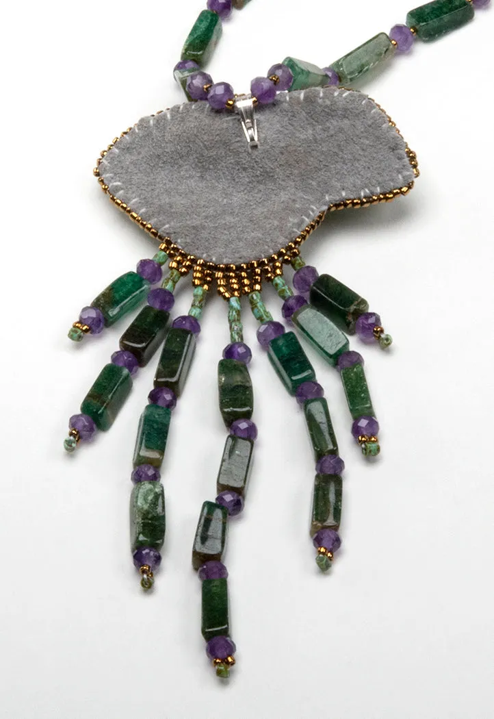 Carved Turquoise Bird With Aventurine & Amethyst Necklace