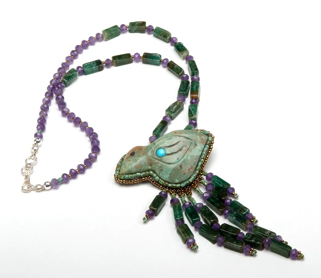 Carved Turquoise Bird With Aventurine & Amethyst Necklace