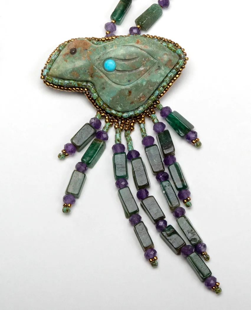 Carved Turquoise Bird With Aventurine & Amethyst Necklace
