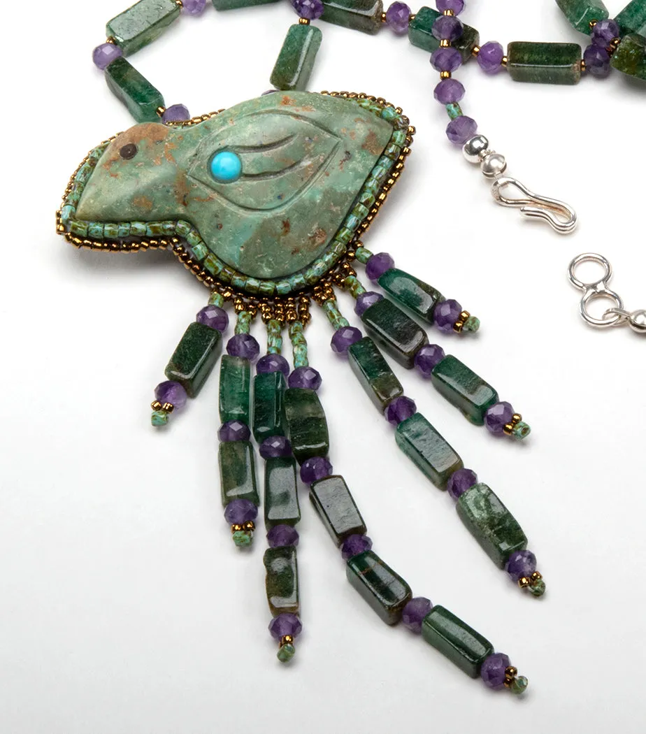 Carved Turquoise Bird With Aventurine & Amethyst Necklace