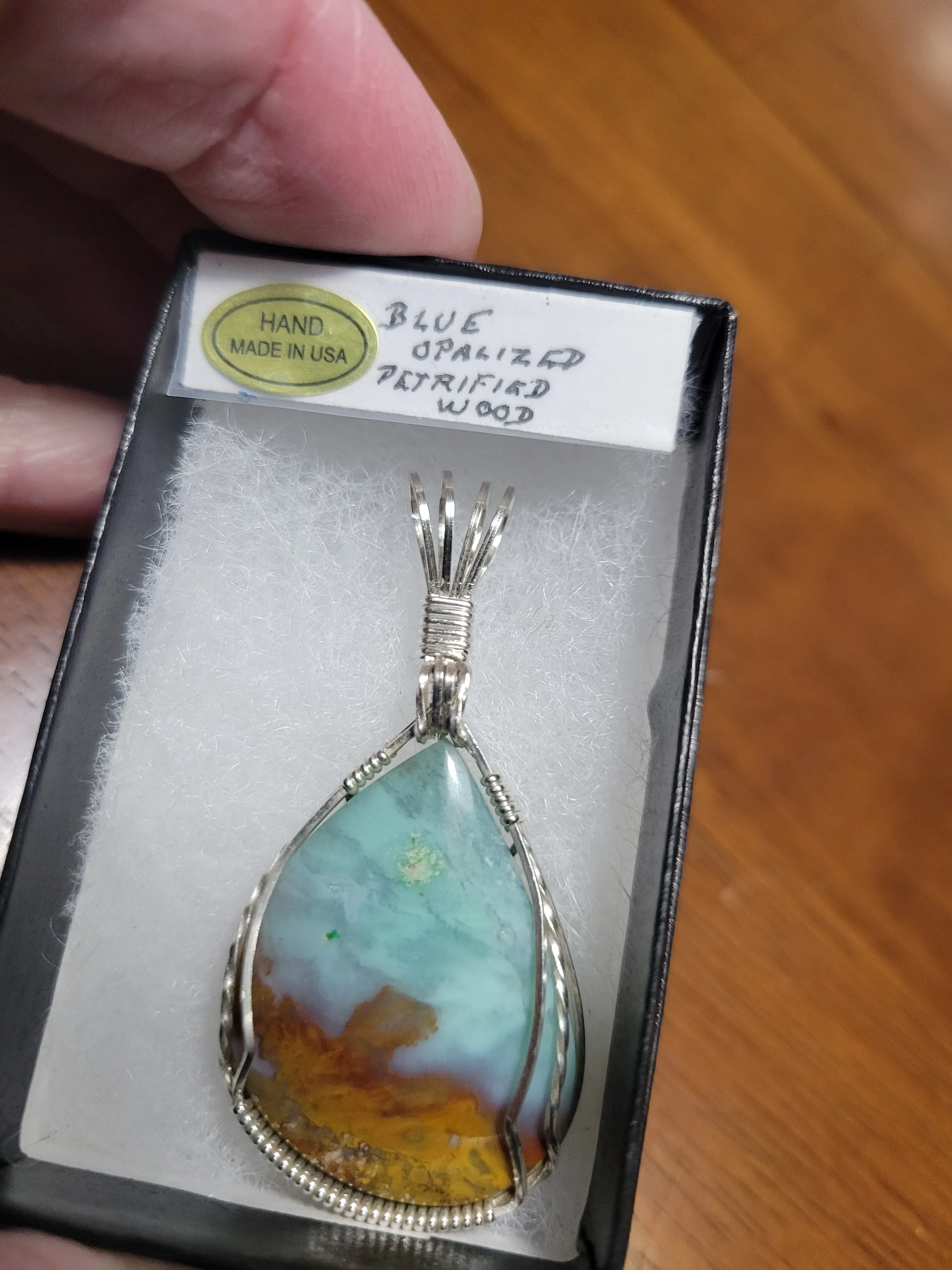 Custom Wire Wrapped Blue Opalized Petrified Wood Necklace/Pendant Sterling Silver