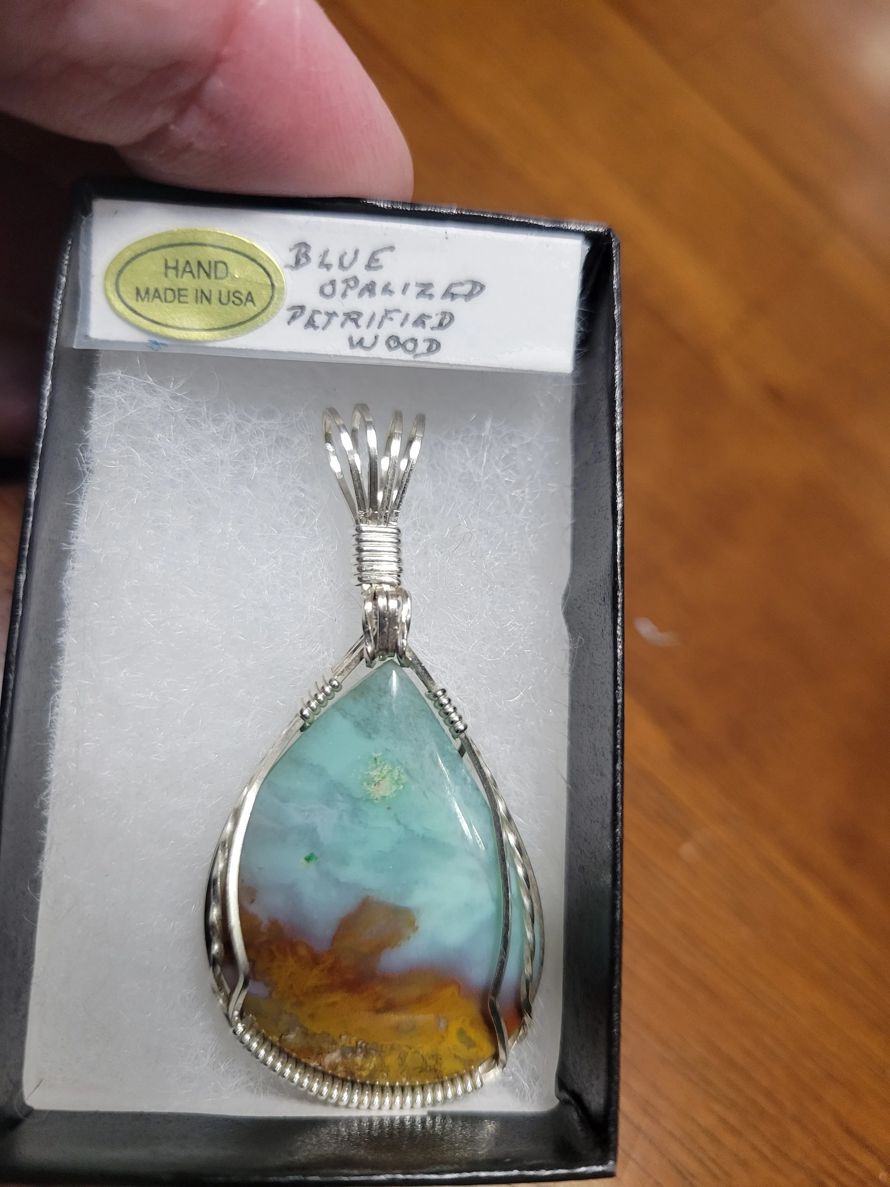 Custom Wire Wrapped Blue Opalized Petrified Wood Necklace/Pendant Sterling Silver