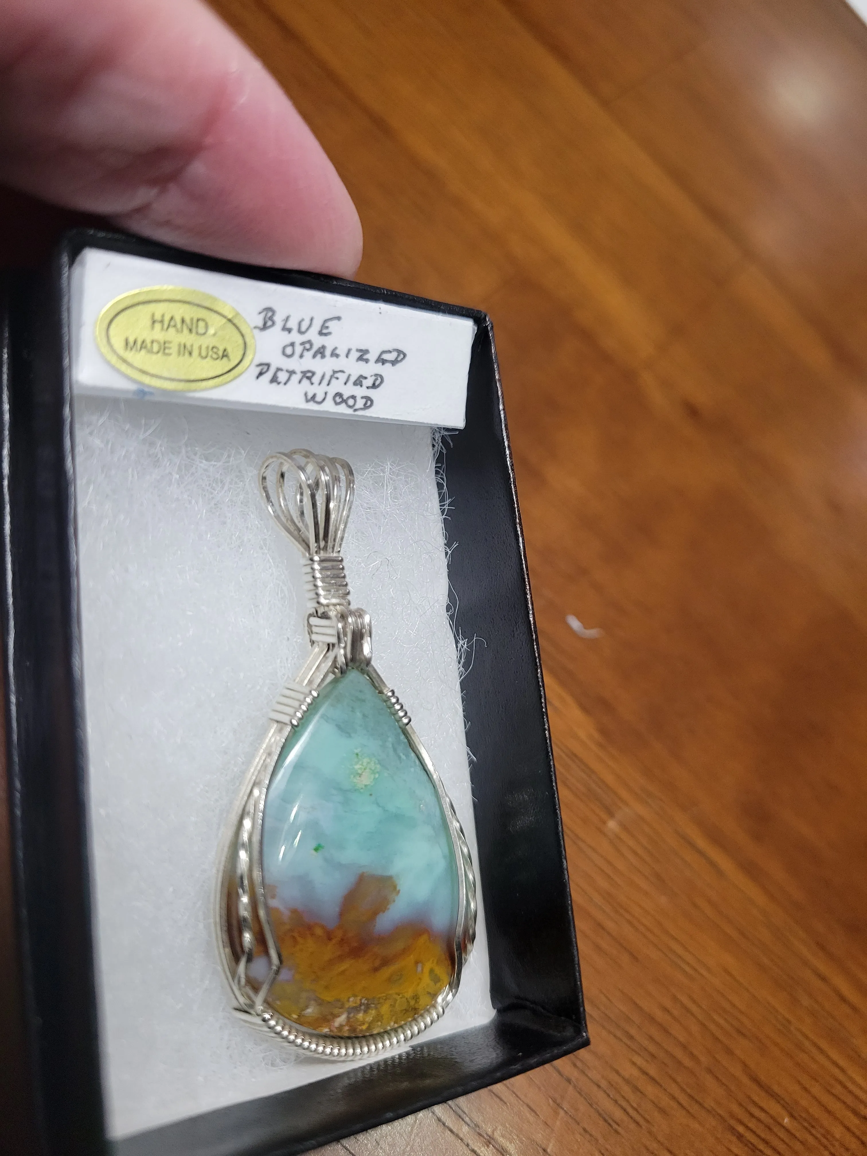 Custom Wire Wrapped Blue Opalized Petrified Wood Necklace/Pendant Sterling Silver