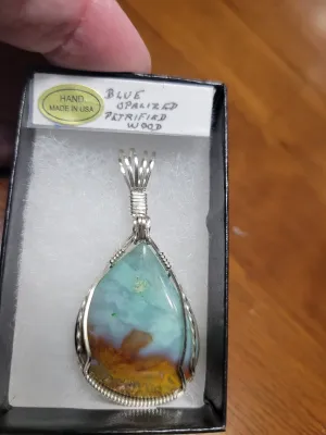 Custom Wire Wrapped Blue Opalized Petrified Wood Necklace/Pendant Sterling Silver
