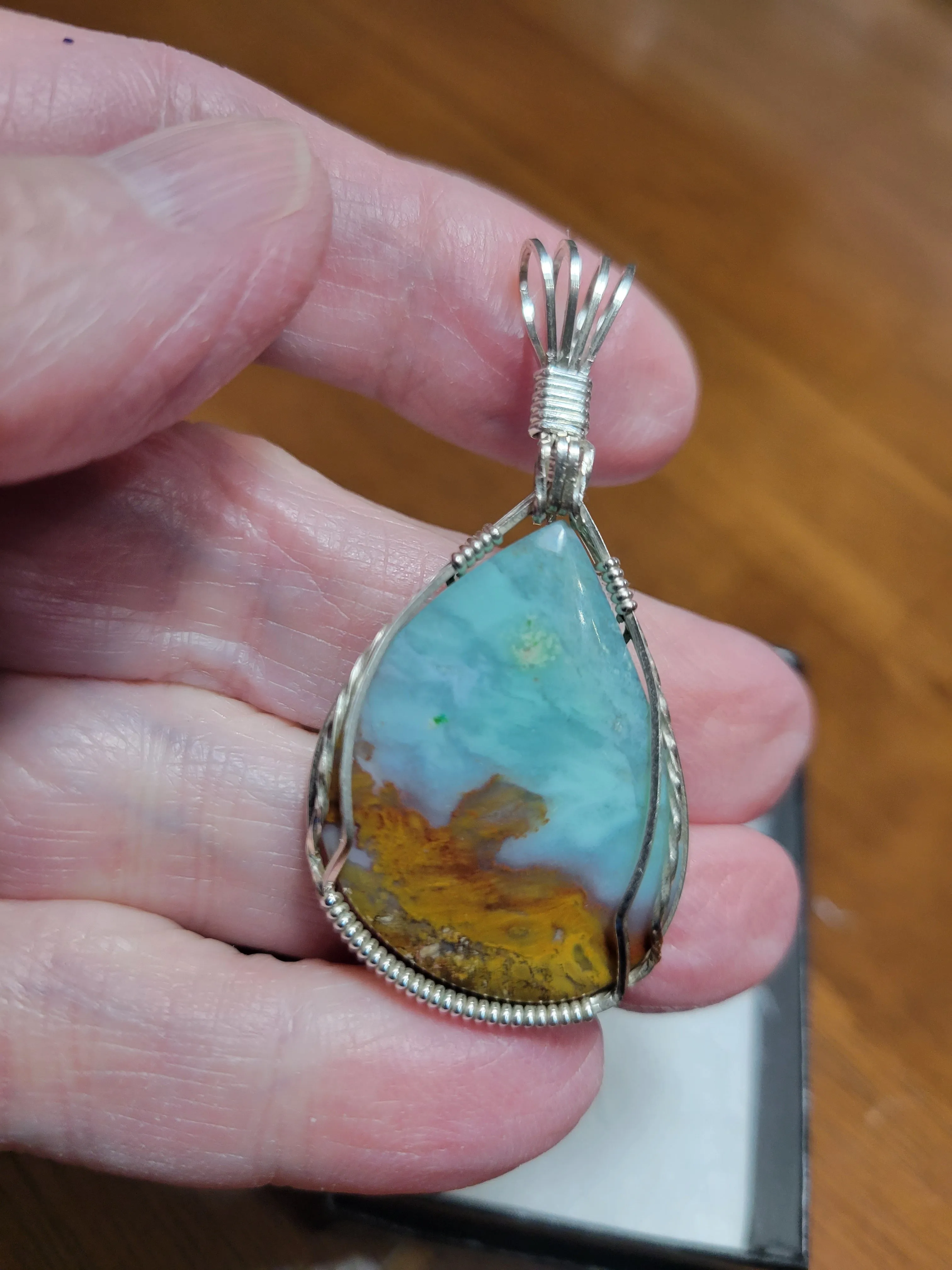 Custom Wire Wrapped Blue Opalized Petrified Wood Necklace/Pendant Sterling Silver