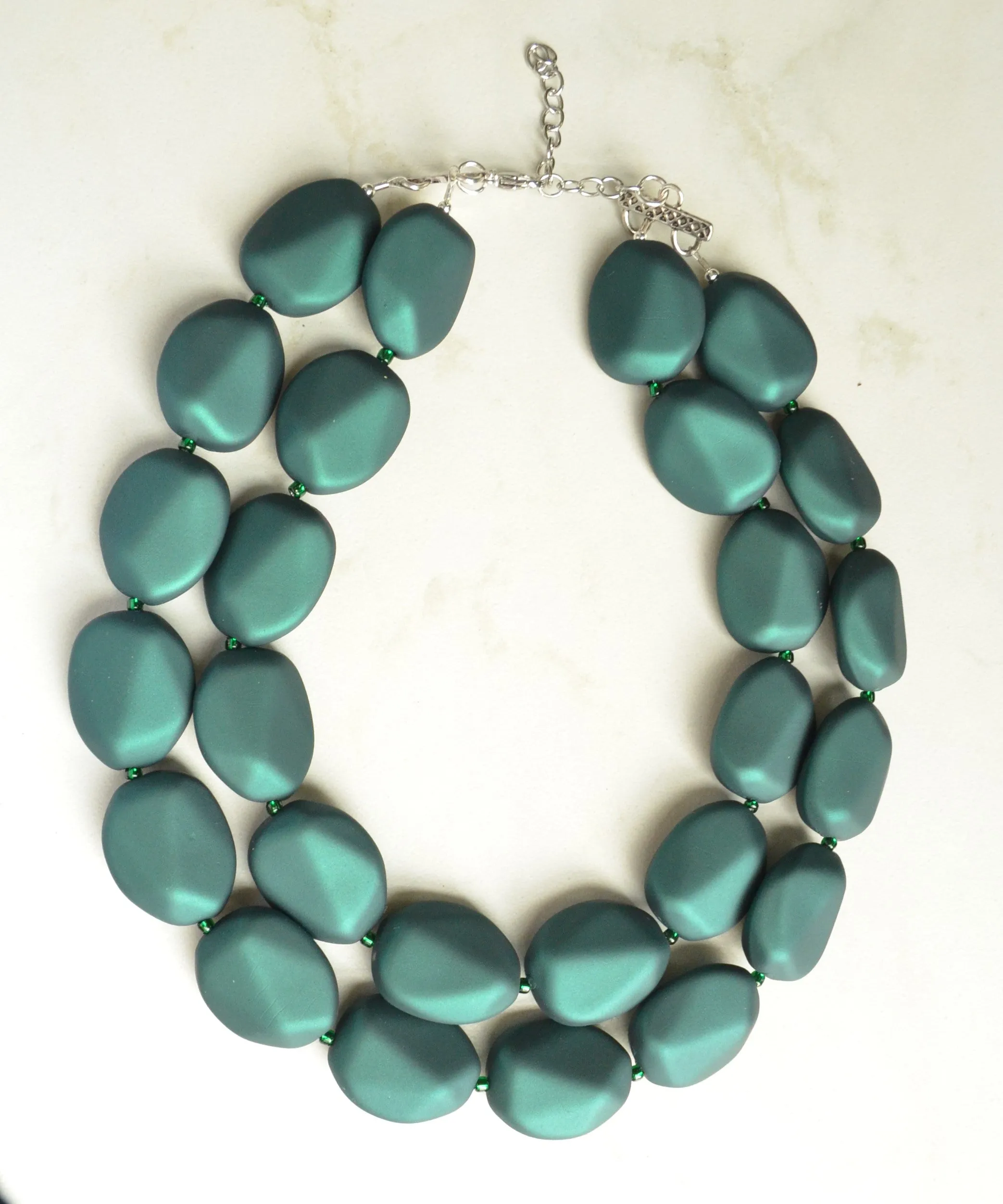 Dark Green Rubber Matte Beaded Multi Strand Statement Necklace - Nikki