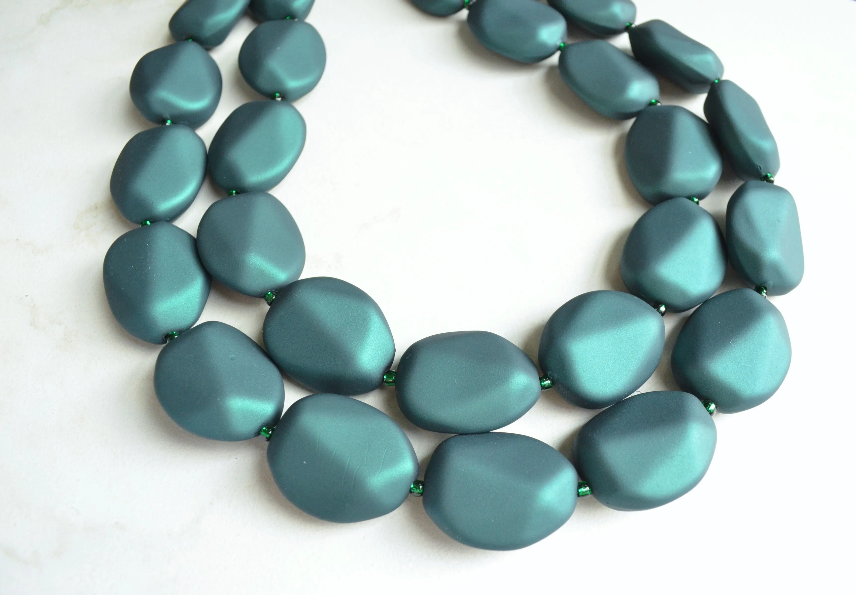 Dark Green Rubber Matte Beaded Multi Strand Statement Necklace - Nikki