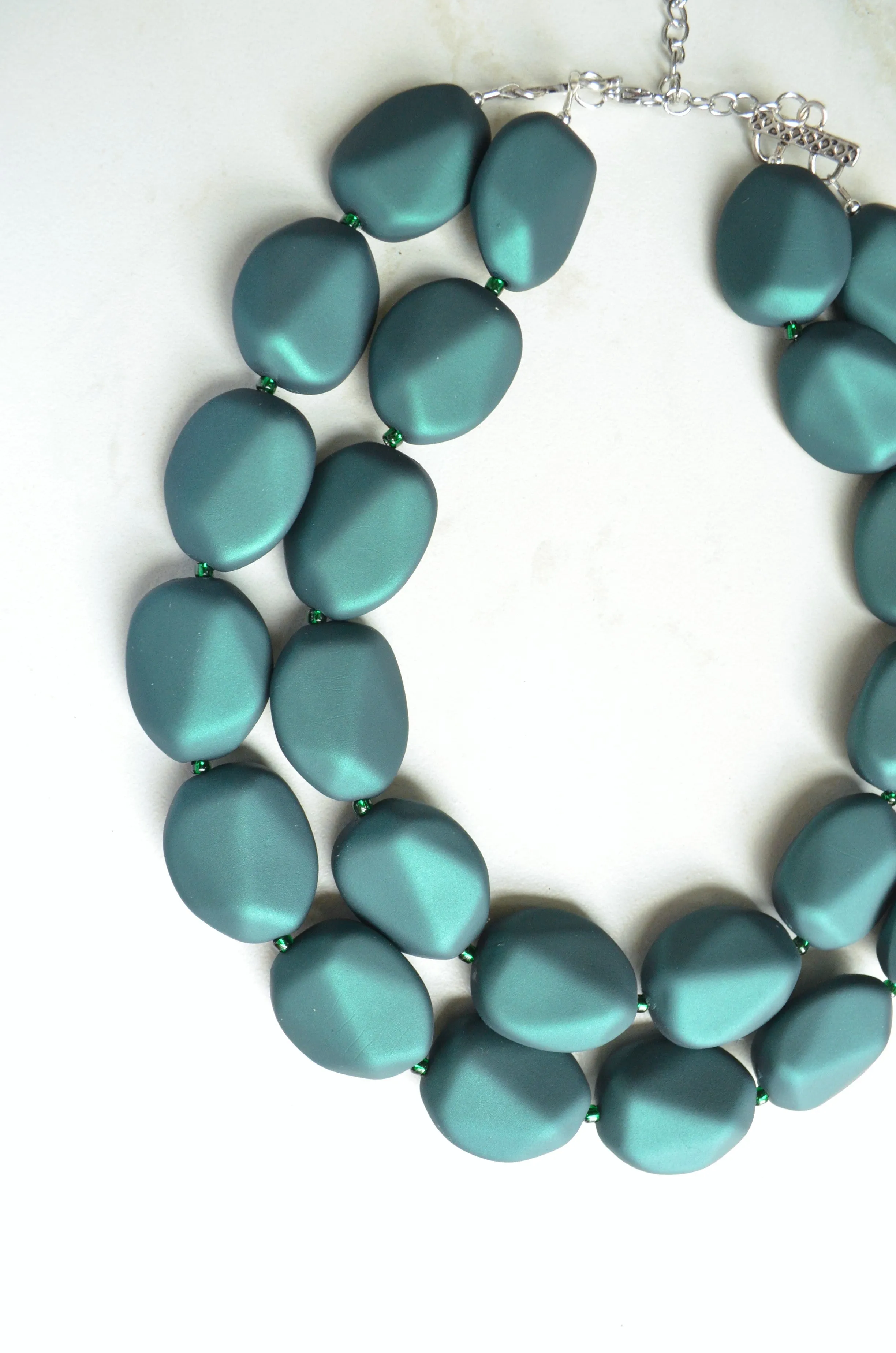 Dark Green Rubber Matte Beaded Multi Strand Statement Necklace - Nikki