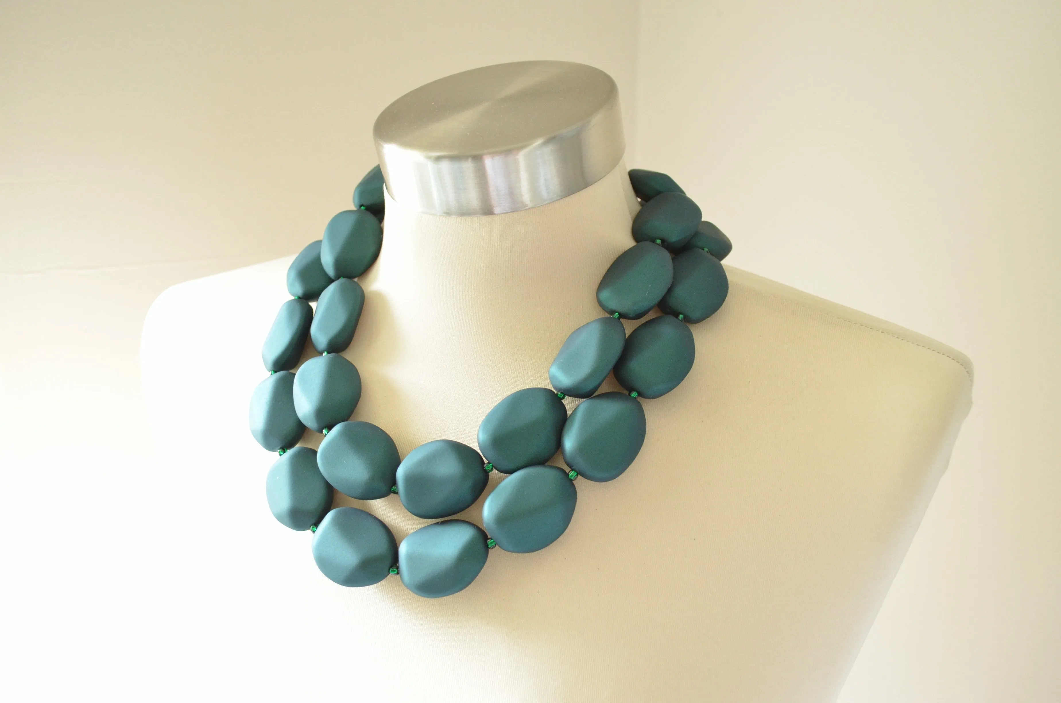 Dark Green Rubber Matte Beaded Multi Strand Statement Necklace - Nikki