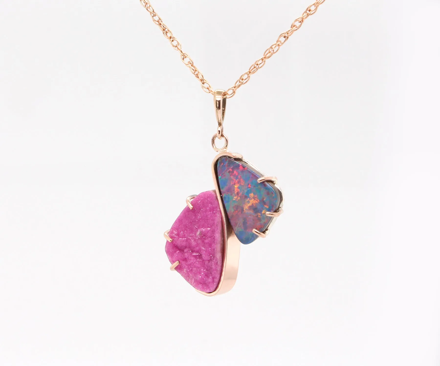 Double Drop Opal Pink Druzy Rose Gold Necklace