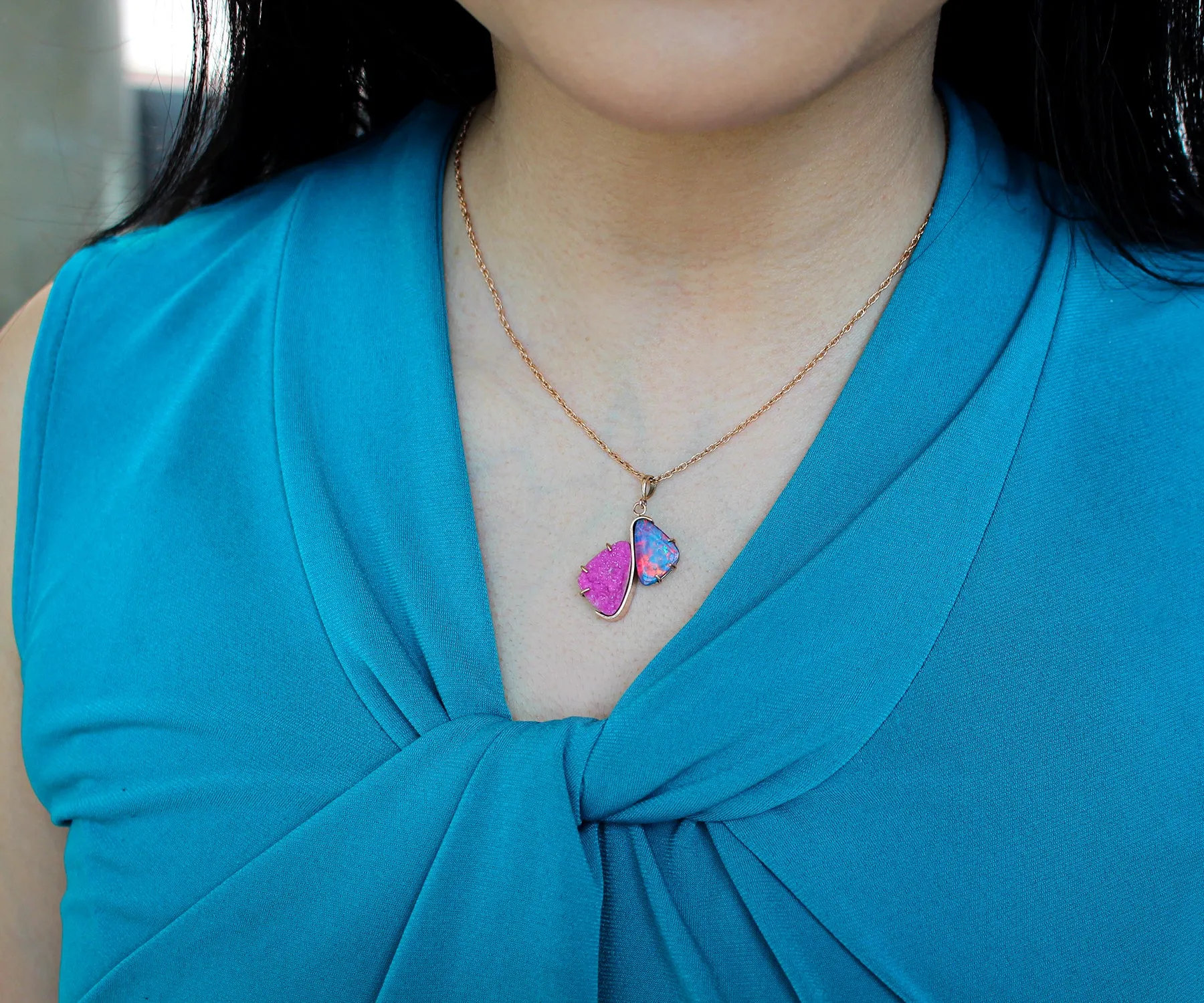 Double Drop Opal Pink Druzy Rose Gold Necklace