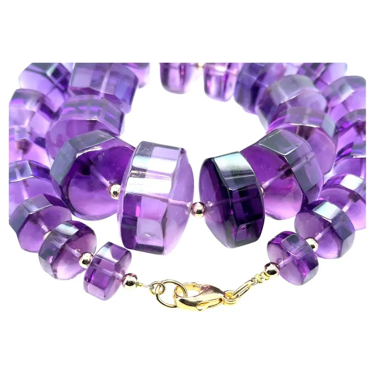 Graduated Octagonal Amethyst Rondel Beaded Necklace with 14k and 18k Yellow Gold