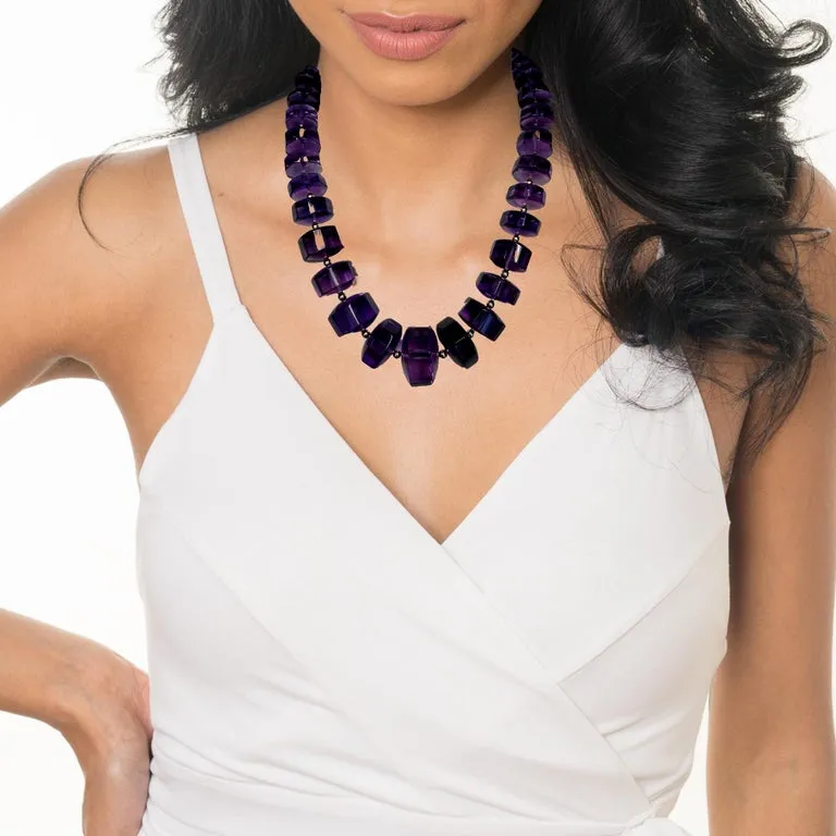 Graduated Octagonal Amethyst Rondel Beaded Necklace with 14k and 18k Yellow Gold