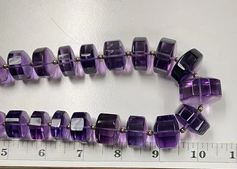Graduated Octagonal Amethyst Rondel Beaded Necklace with 14k and 18k Yellow Gold