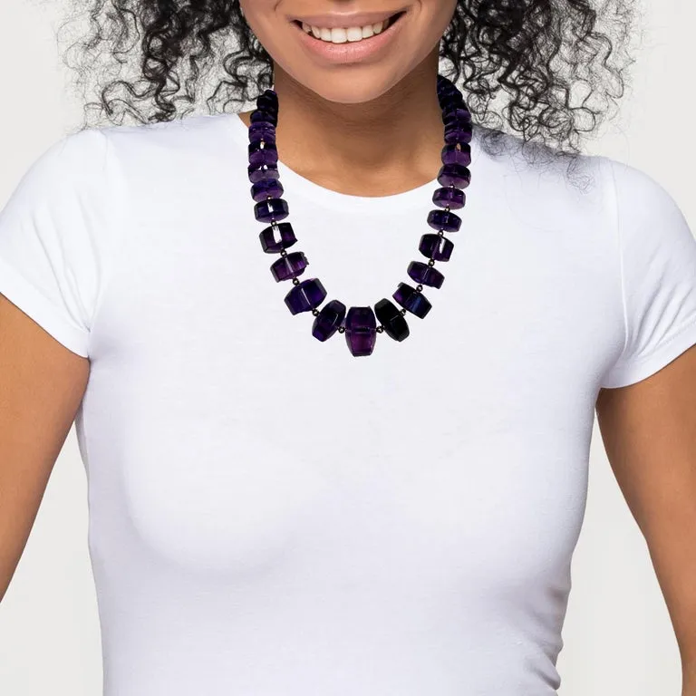 Graduated Octagonal Amethyst Rondel Beaded Necklace with 14k and 18k Yellow Gold
