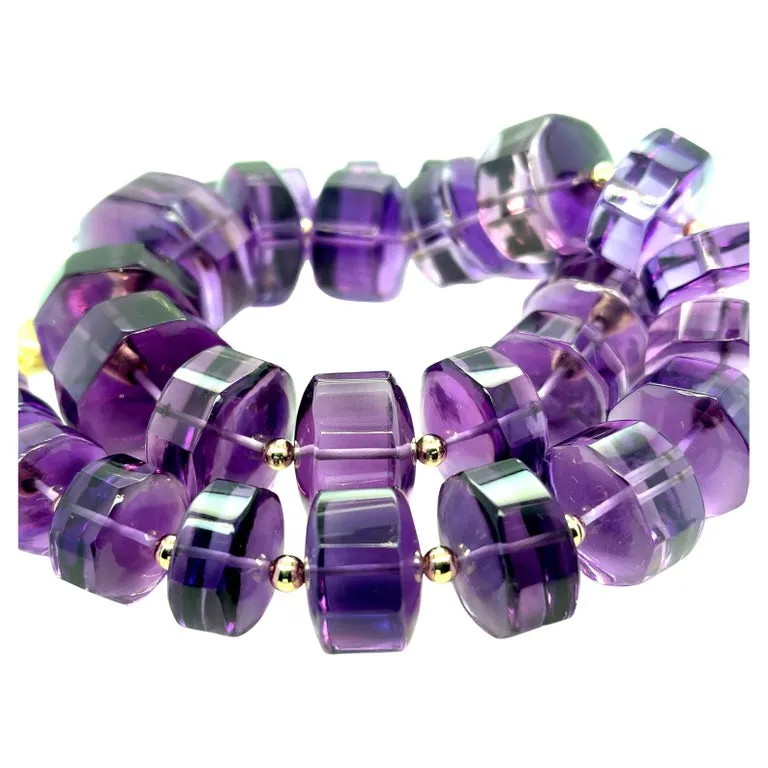 Graduated Octagonal Amethyst Rondel Beaded Necklace with 14k and 18k Yellow Gold