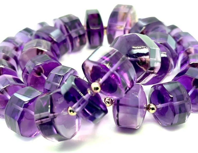 Graduated Octagonal Amethyst Rondel Beaded Necklace with 14k and 18k Yellow Gold