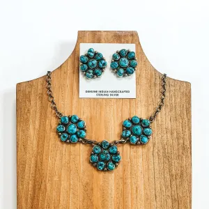 Kathleen Chavez | Navajo Handmade Sterling Silver & Kingman Turquoise Stone Flower Cluster Necklace   Matching Earrings