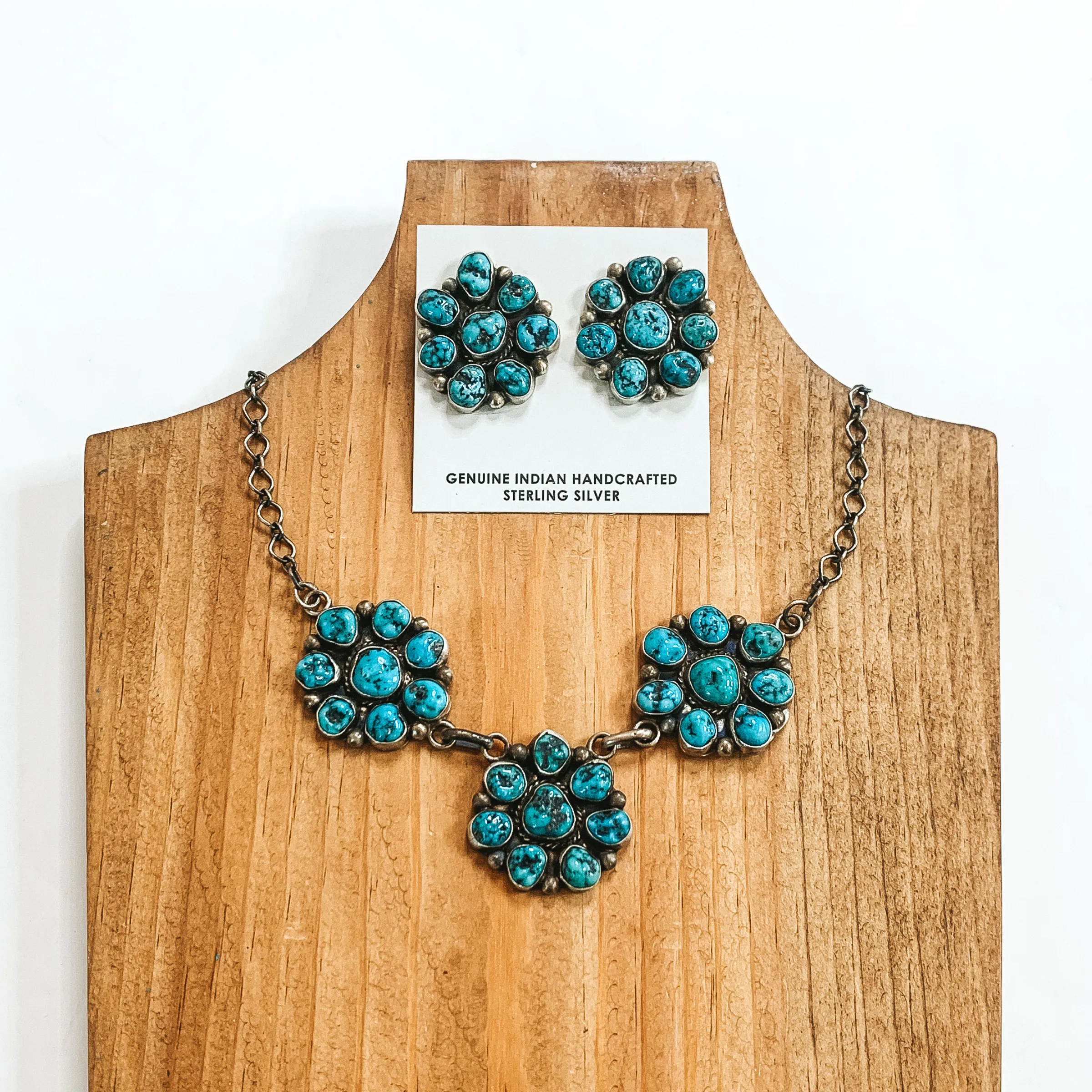 Kathleen Chavez | Navajo Handmade Sterling Silver & Kingman Turquoise Stone Flower Cluster Necklace   Matching Earrings