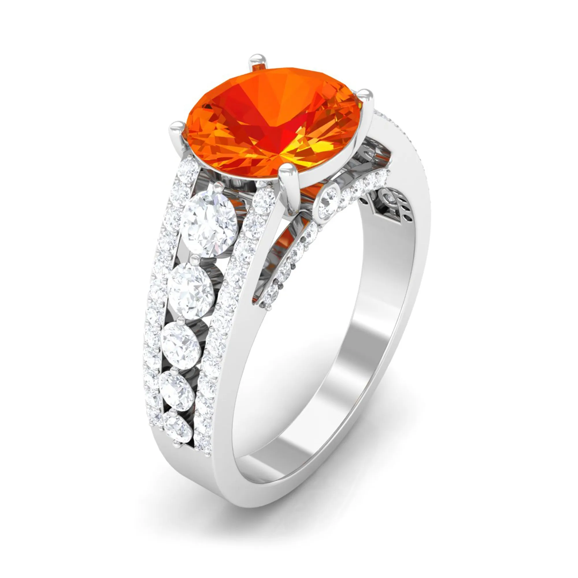Lab Created Orange Sapphire and Moissanite Engagement Ring