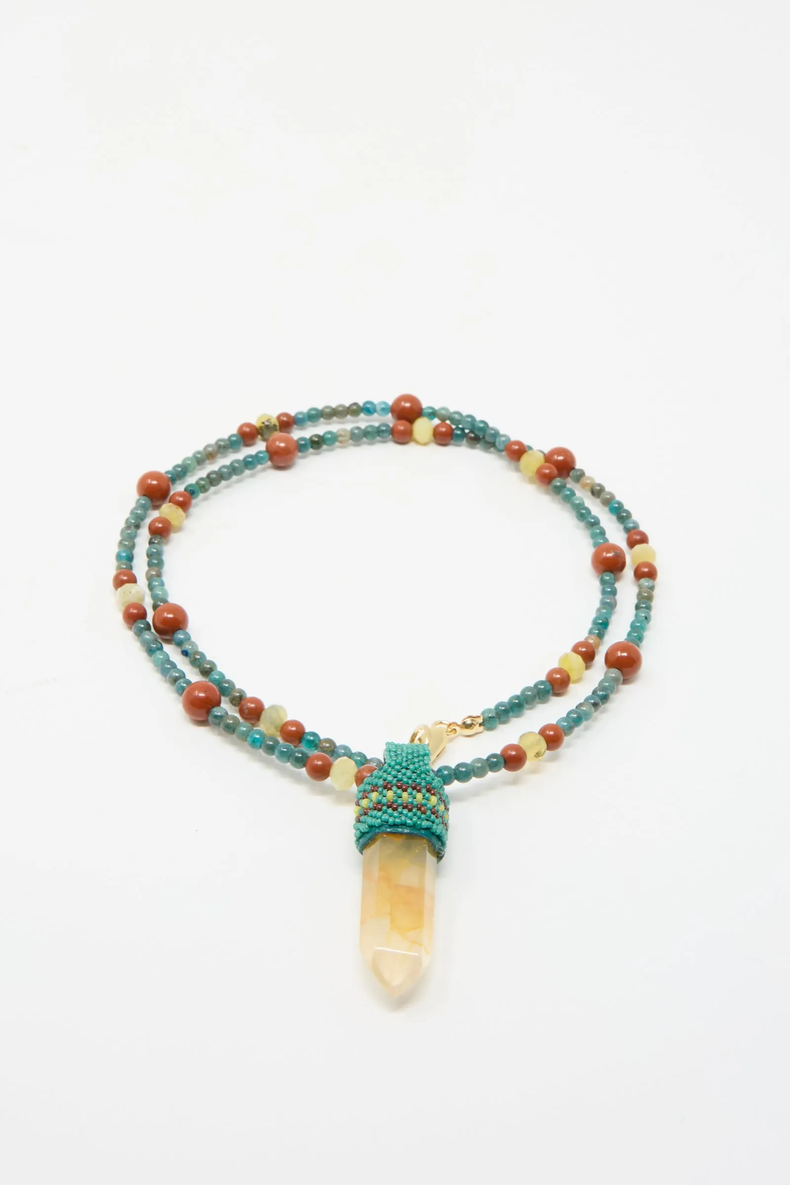 Long Pendulum Necklace in Apatite, Red Jasper, Olive Opal Beads and Quartz