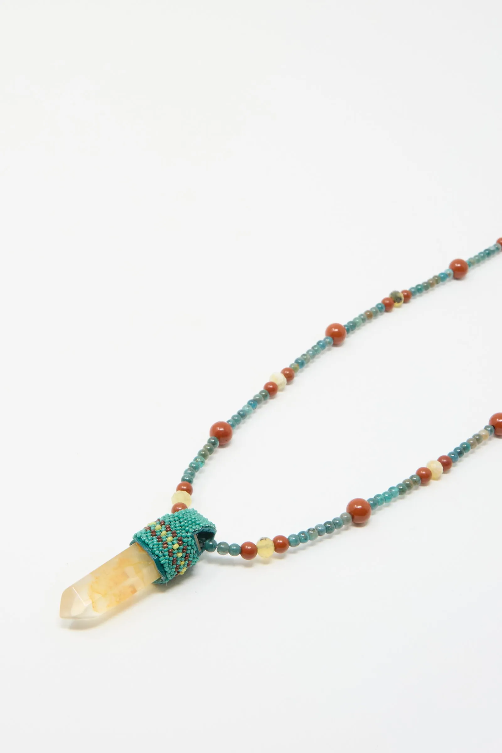 Long Pendulum Necklace in Apatite, Red Jasper, Olive Opal Beads and Quartz