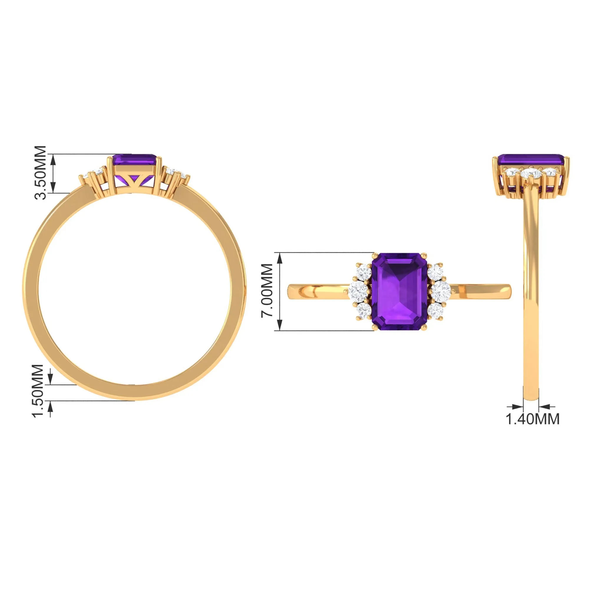 Octagon Cut Amethyst Solitaire Ring with Diamond Accent