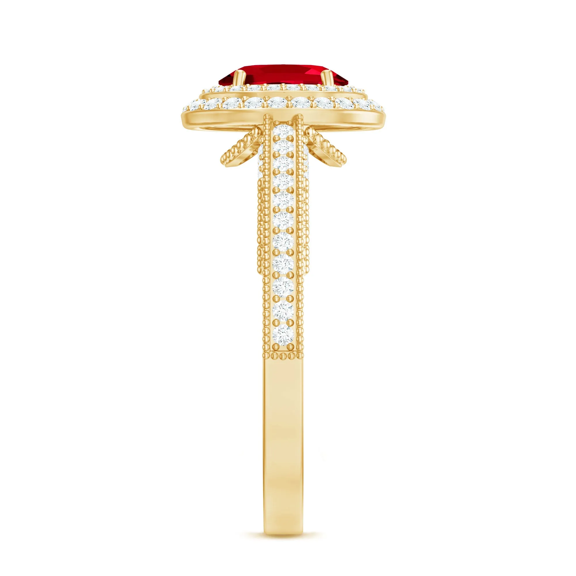 Oval Created Ruby Double Halo Engagement Ring with Diamond