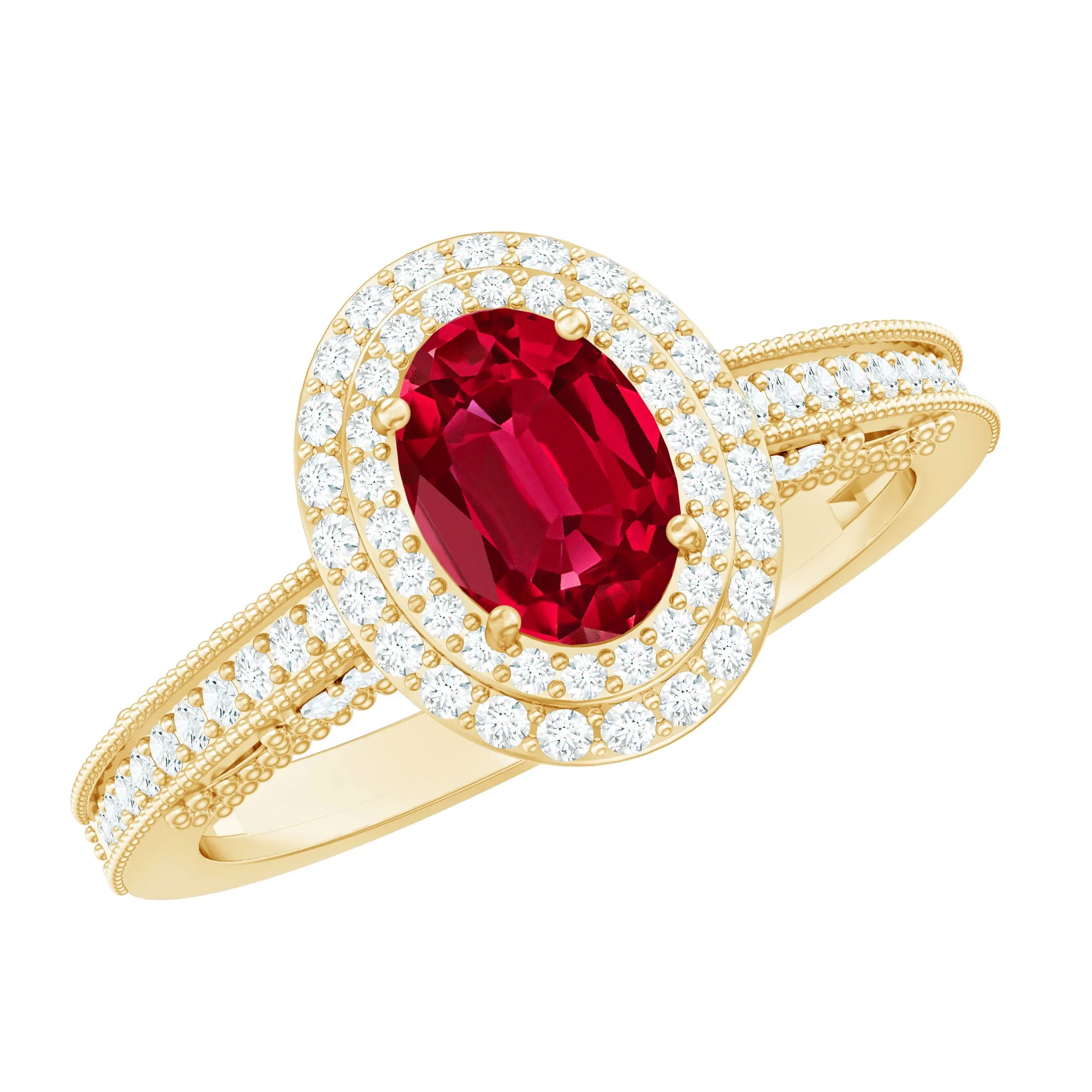 Oval Created Ruby Double Halo Engagement Ring with Diamond